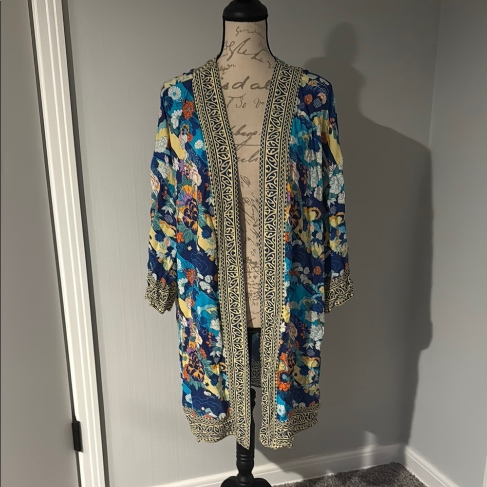 Soft Surroundings Open Front Kimono Cardigan Womens L/XL Blue Floral Artsy Boho - Picture 2 of 6
